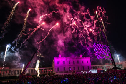 Image of the Queens House surrounded by fireworks