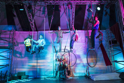 Image of 5 performers using circus equipment