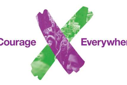 Courage Everywhere. A graphic shows a green and purple vote cross, made up as a collage of womens faces.
