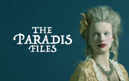 A graphic showing a woman in renaissance costume, against a teal background. Text next to her reads The Paradis Files