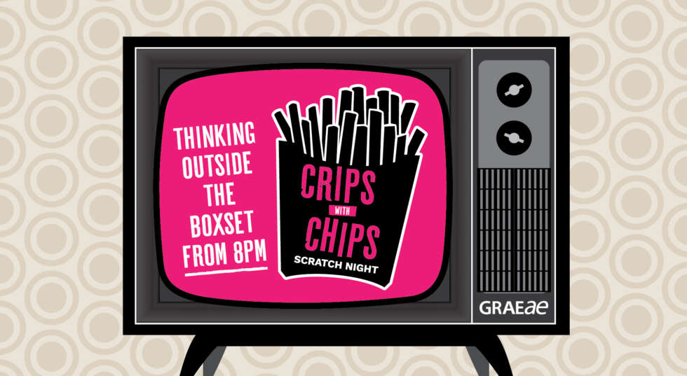 Pink screen on a black TV reads thinking outside the boxset from 8pm with a packet of chips to the side that reads Crips with Chips on the packet