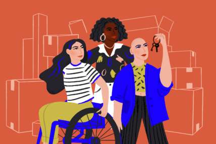 An animated graphic which shows three female characters standing in front of flatpack boxes. One is a wheelchair user with long black hair, one is black with wavy dark hair, and one has a bald head, and holds a set of keys.