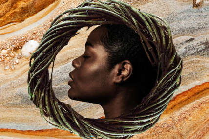 The profile of a black woman's face is shown inside a wicker, woven O. The background of the image is made up of swirling, watercolour oranges and browns.