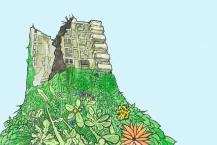 An drawing of a tumbledown building with plants growing verdantly beneath it.