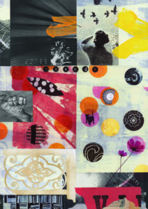 The artist has divided the page into squares and rectangles to create this collage piece. It is made up of black and white photos, paper and paint. The colours used are pink, orange and cream. The photos are of a motorbike, flowers, books, a telephone dial and a cat. The artist has also used fragments of Braille symbols. White type in small black circles, spells out the word change across the middle of the piece. 