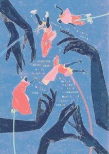 On a blue background, several figures in pink costume balance in various acrobatic poses atop sway poles. Large black signing hands, larger than the acrobatic figures come from the edges of the page. Around the figures and hands, some text in rainbow colours which reads. My eyes and hands in silent art. Deafness never stops me to flourish what I dream for. My black hands in sign language makes me fully proud. 