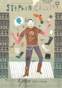 A collage style image of Stephen standing on a stage, wearing white theatrical face make up. He's surrounded by objects that represent aspects of his life and work. A Blockheads symbol, hearing aids, some socks. Above his head the words, Stephen Collins. Theatre wings are decorated with repeating patterns. Along the bottom centre of the page the text, Graeae Theatre Company. 