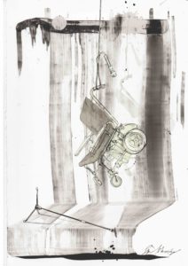 A black and grey lined drawing of an upturned microphone on a stage. Above this dangles an empty wheelchair, hanging by a microphone cord which has been tied loose-like around one of the wheelchair handles. 