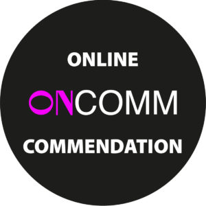 A black circular logo which reads Online OnComm commendation