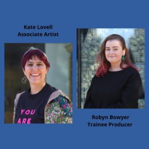 Blue background with a headshot of Kate Lovell and Robyn Bowyer