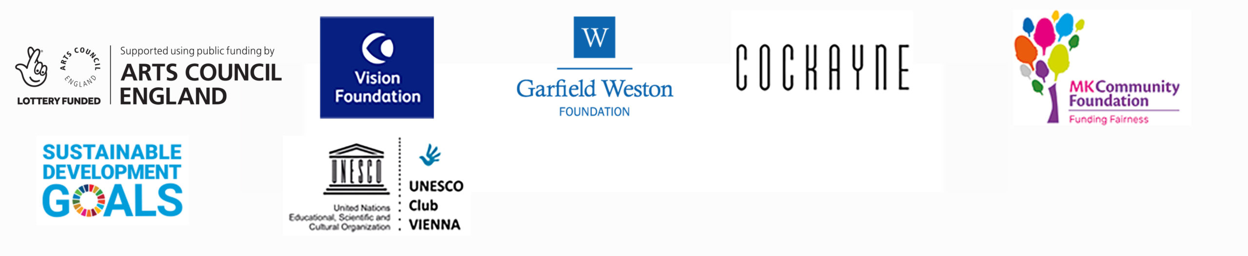 Logos for Arts Council England, Vision Foundation, Garfield Weston Foundation, Milton Keynes Community Foundation. Cockayne, UNESCO Club Vienna & Sustainable Development Goals.