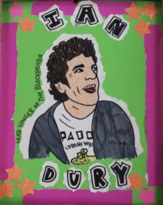 This image by Sophie Aslam shows a portrait of Ian Dury. In the centre of the image is a realistic portrait of Ian Dury, who is a white man, who is in his mid 30s in this picture with brown curly hair wearing a white T shirt and denim jacket. The background of the image is bright green with a bright pink border and stars made of pink and orange glittery paper. His name has been made in large cut out letters with Ian above the portrait and Dury underneath. Here is Sophie giving you her own description: so, my picture shows the lead singer of the Blockheads Ian Dury. The background is neon green with some neon pink. In the corners are some glittery orange and pink stars and in the centre is Ian Dury himself with his name all around him. I chose to draw him because he's my dad’s favourite artists and his album was the first record my dad ever bought.