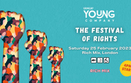 Teal background with text that reads the festival of rights work saturday 25 february rich mix 4pm start
