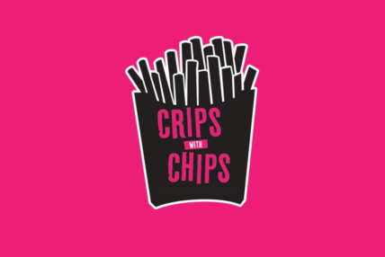 Bright pink image with a black packet of chips with text Crips with Chips