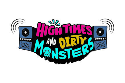 High Times and Dirty Monsters logo in pink, yellow and blue written between to speakers
